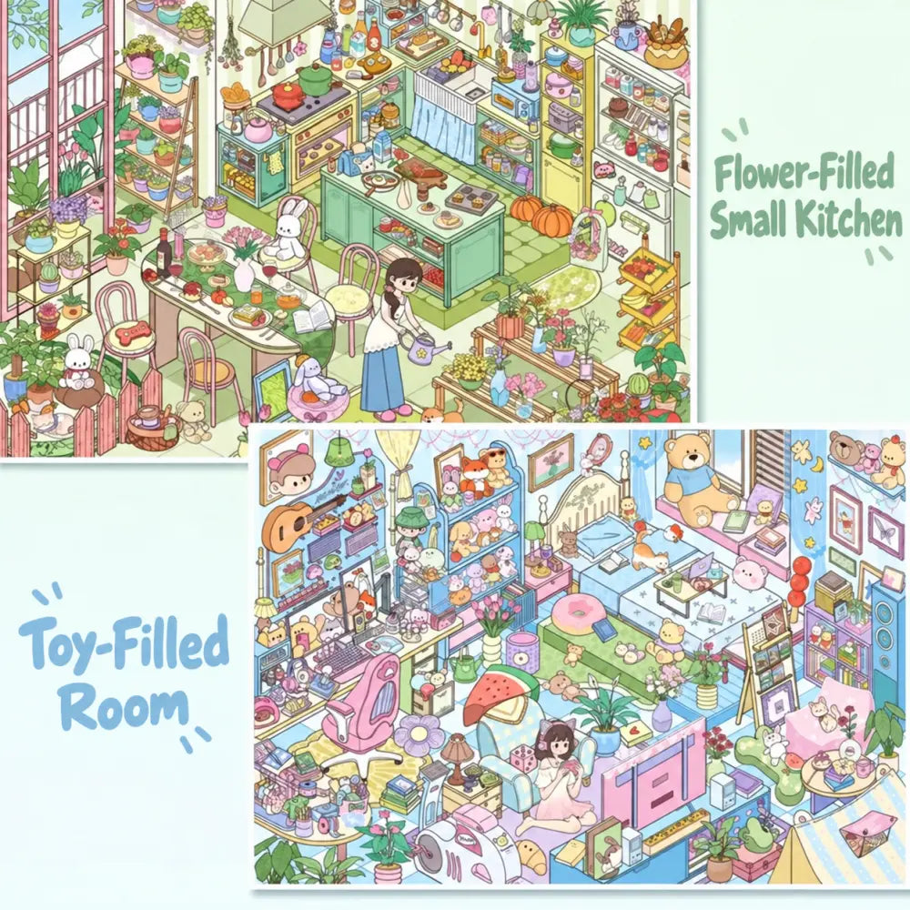 GemmeLabo Flower Room Kitchen and Toy-Filled Room Scene Sticker Kit overview showing two cozy miniature room styles