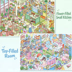 GemmeLabo Flower Room Kitchen and Toy-Filled Room Scene Sticker Kit overview showing two cozy miniature room styles