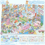 GemmeLabo Toy-Filled Room Scene Sticker Kit with pastel bedroom scene, toy details, PET sticker sheets, and background card