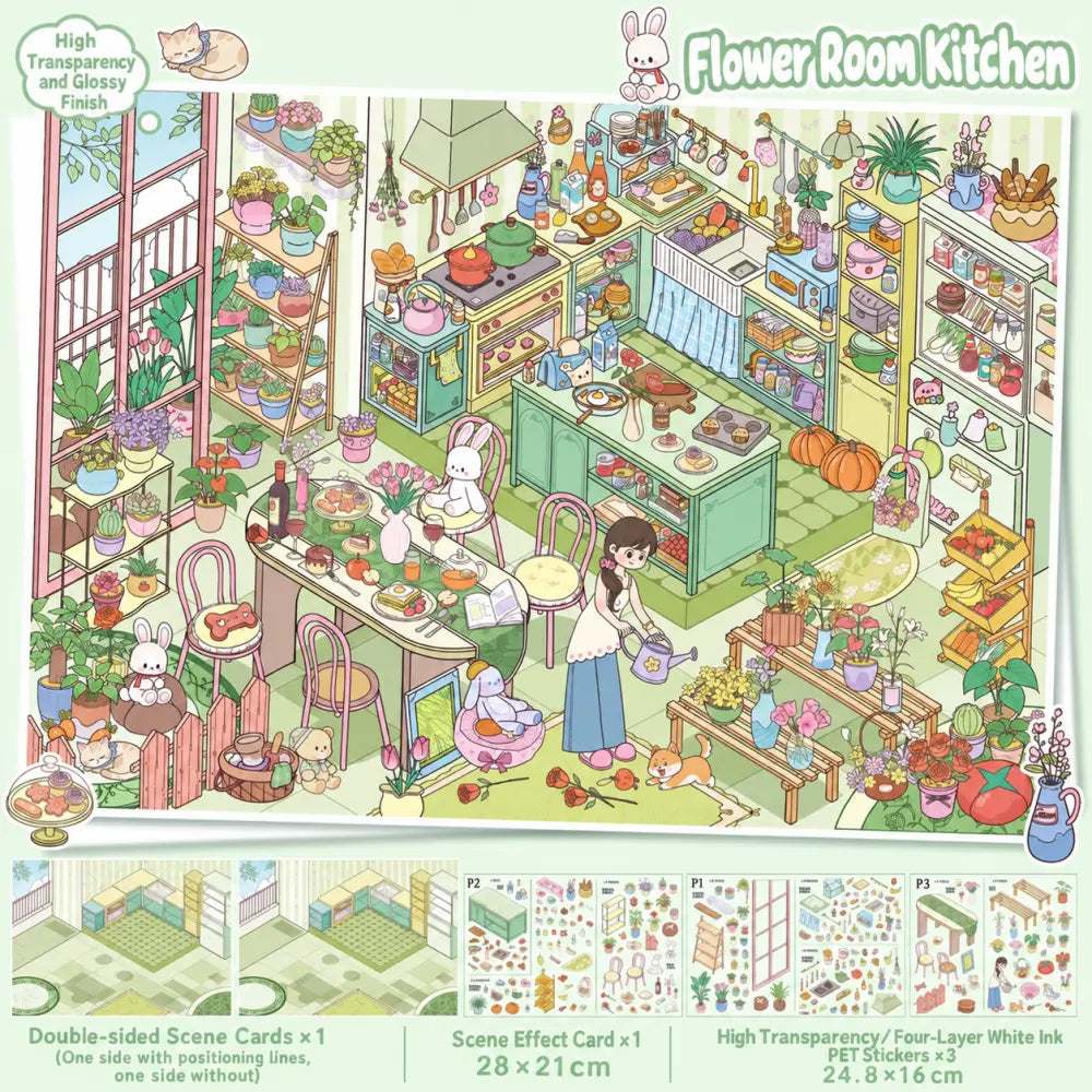 GemmeLabo Flower Room Kitchen Scene Sticker Kit with green kitchen scene, plants, dining details, PET sticker sheets, and scene card
