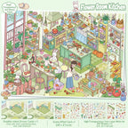 GemmeLabo Flower Room Kitchen Scene Sticker Kit with green kitchen scene, plants, dining details, PET sticker sheets, and scene card