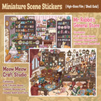 GemmeLabo Mini Shops & City Life Scene Sticker Kit overview showing Mr. Rabbit’s General Store, Meow Meow Craft Studio, and Colorful City Life Guide