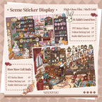 GemmeLabo scene sticker display featuring Mr. Rabbit’s General Store and Meow Meow Craft Studio with PET sticker sheets and double-sided scene cards