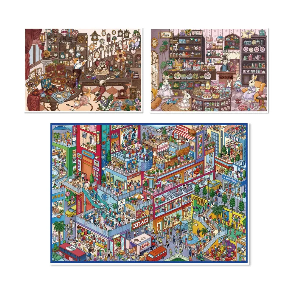GemmeLabo Mini Shops & City Life Scene Sticker Kit showing all three scene styles together on a white background