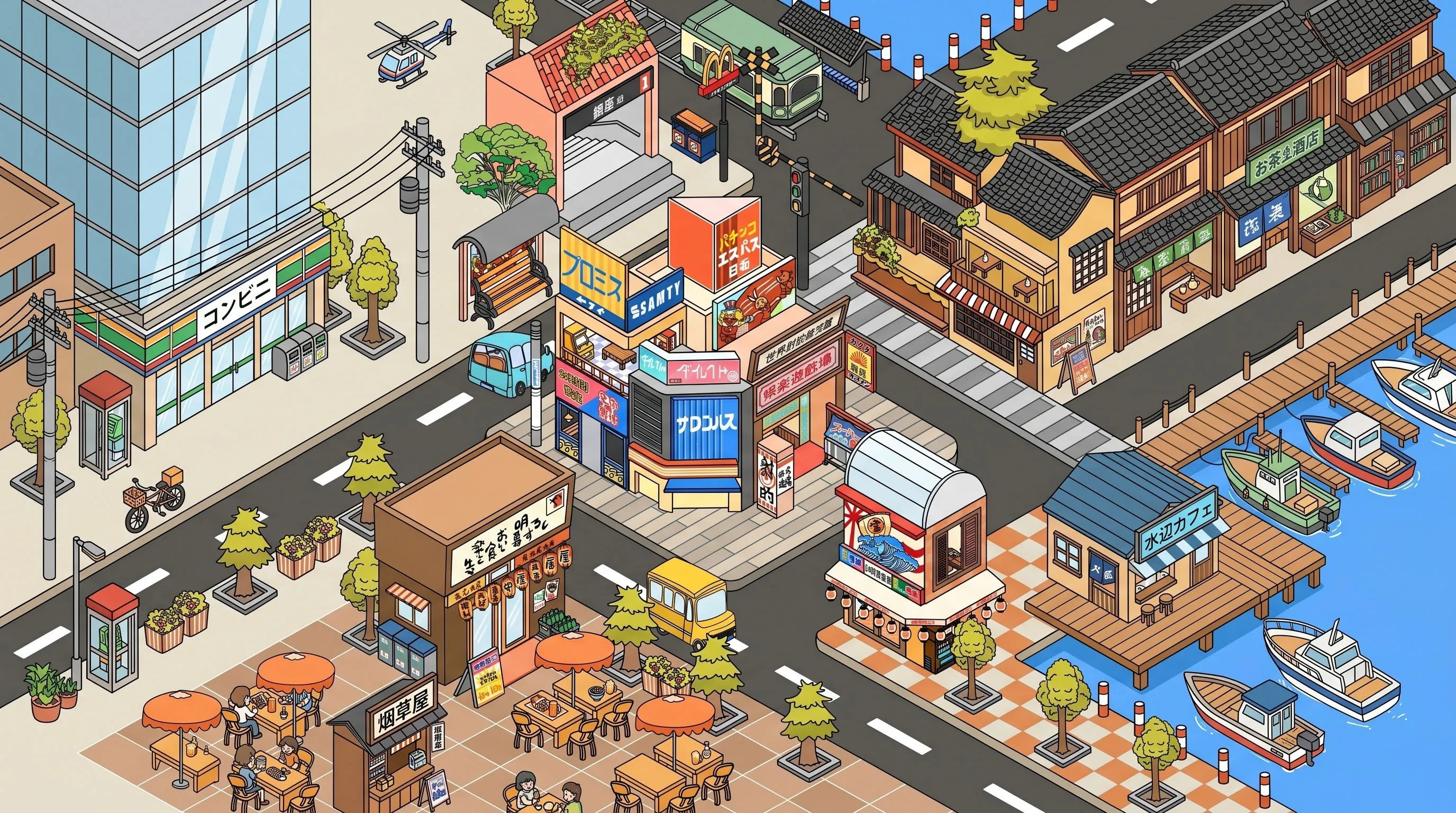 GemmeLabo miniature Japan city street DIY 3D Scene Sticker scene with shops, roads, waterfront cafe, and boats