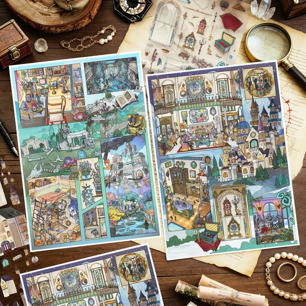 GemmeLabo Mystery Castle Scene Sticker Kit main display with two fantasy mystery scene cards and decorative sticker sheets