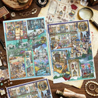 GemmeLabo Mystery Castle Scene Sticker Kit main display with two fantasy mystery scene cards and decorative sticker sheets