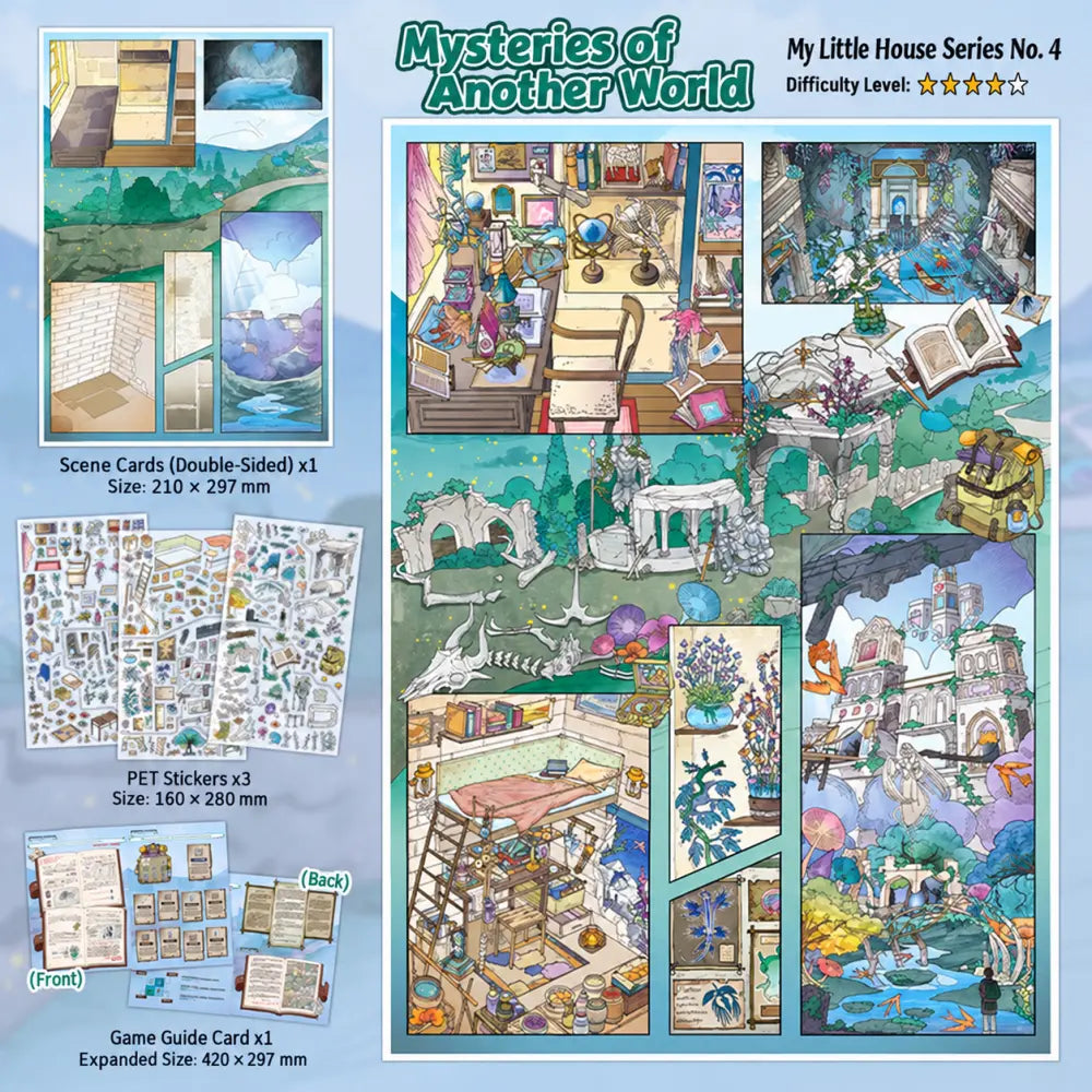 Mysteries of Another World scene sticker kit with double-sided scene card, three sticker sheets, and guide card