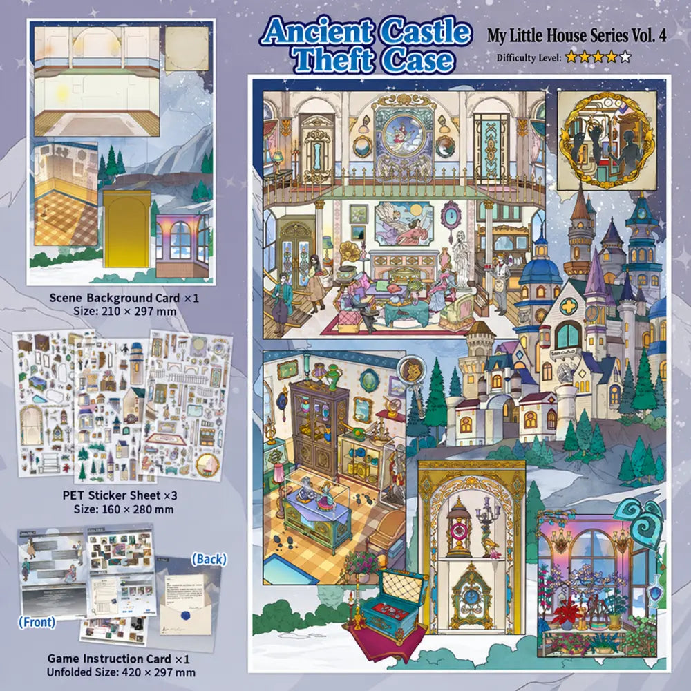 Ancient Castle Theft Case scene sticker kit with castle room background, sticker sheets, and game instruction card