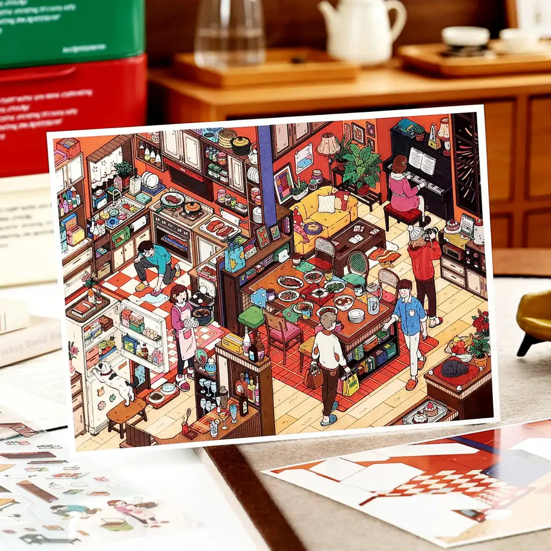 Finished Giant Dining Table miniature home scene with kitchen, dining table, piano, and family details