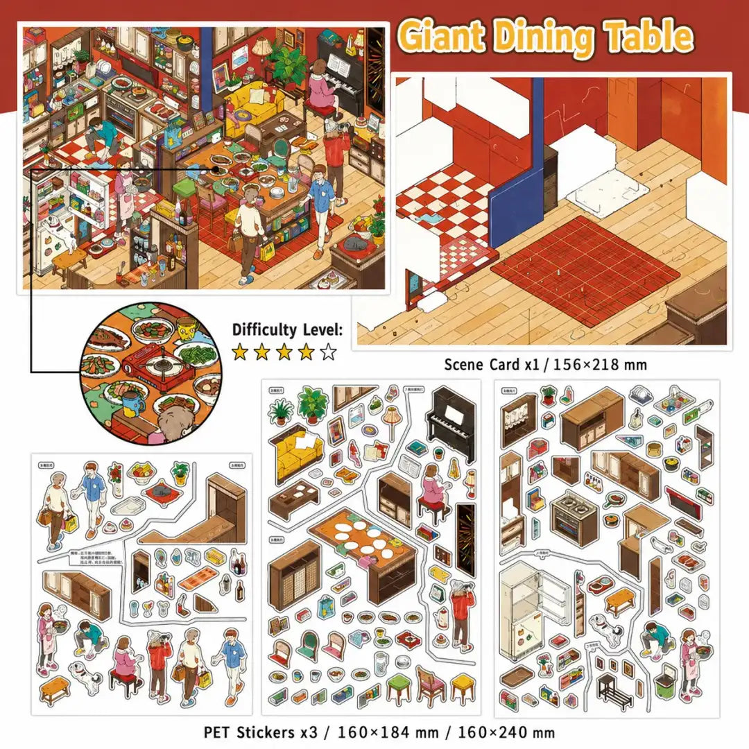 Giant Dining Table scene sticker kit with dining room scene card and PET sticker sheets