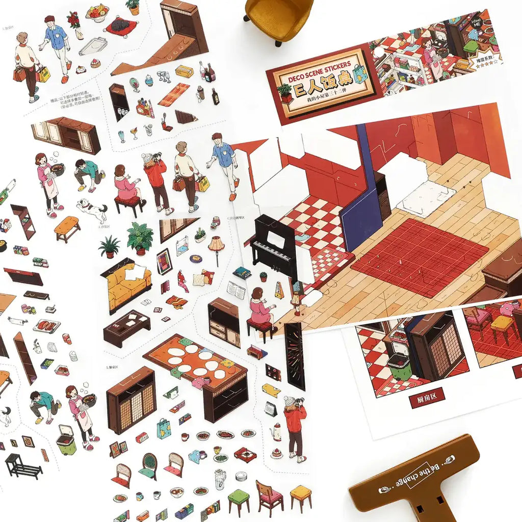Giant Dining Table sticker placement detail with kitchen furniture, people, food, and scene card