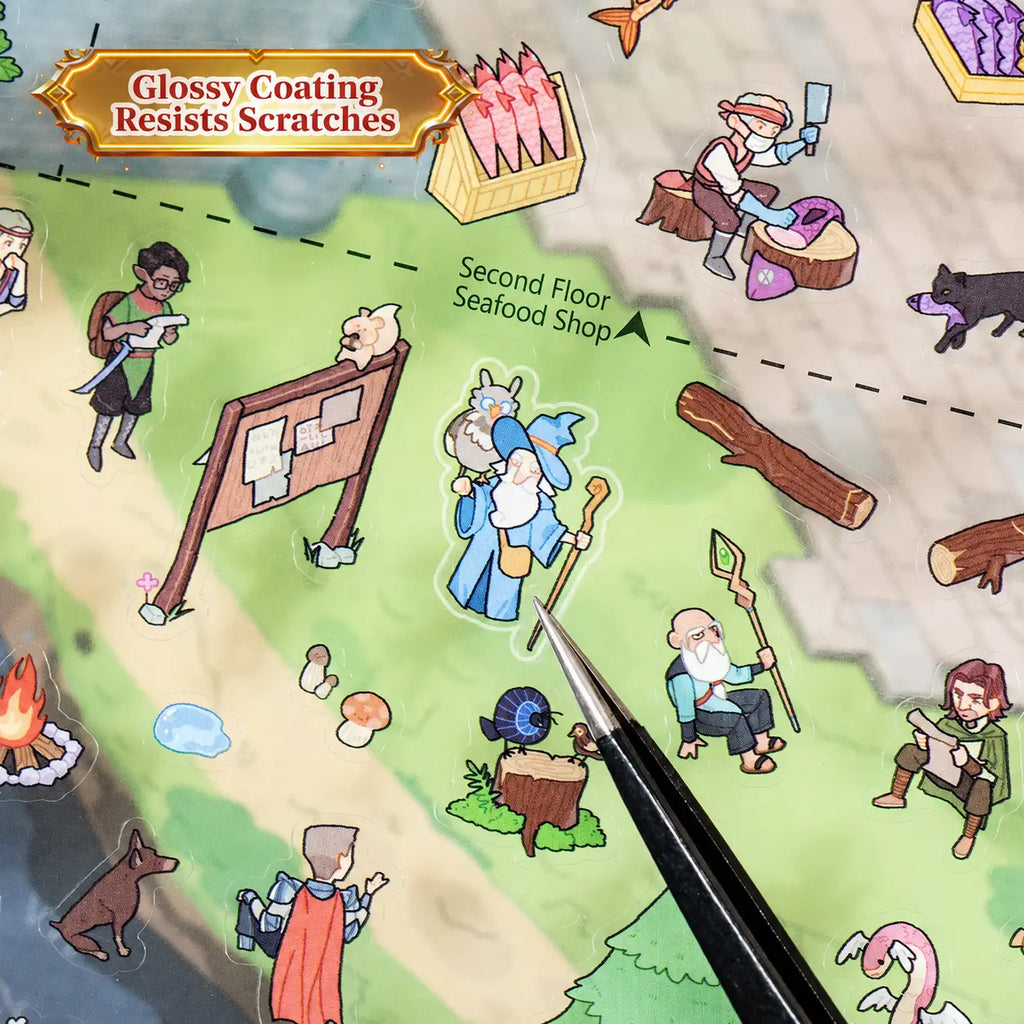 Glossy flat fantasy character stickers placed on the outdoor area of the scene card
