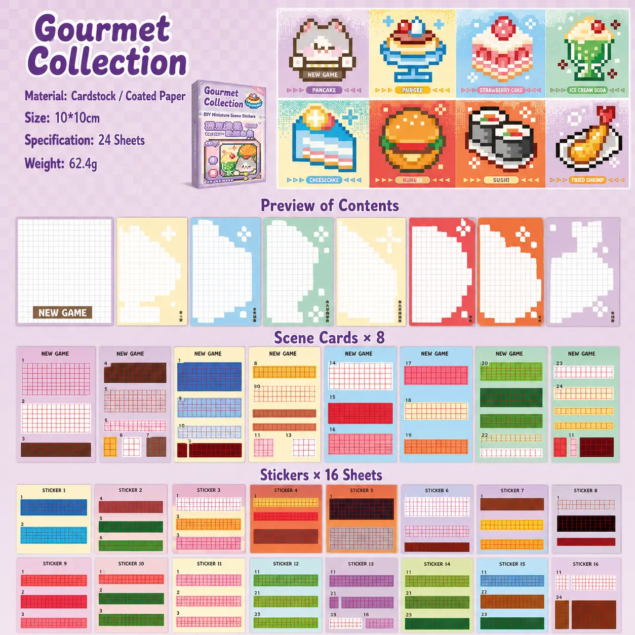 Gourmet Collection Pixel Mosaic Sticker Book contents with 8 scene cards and 16 sticker sheets