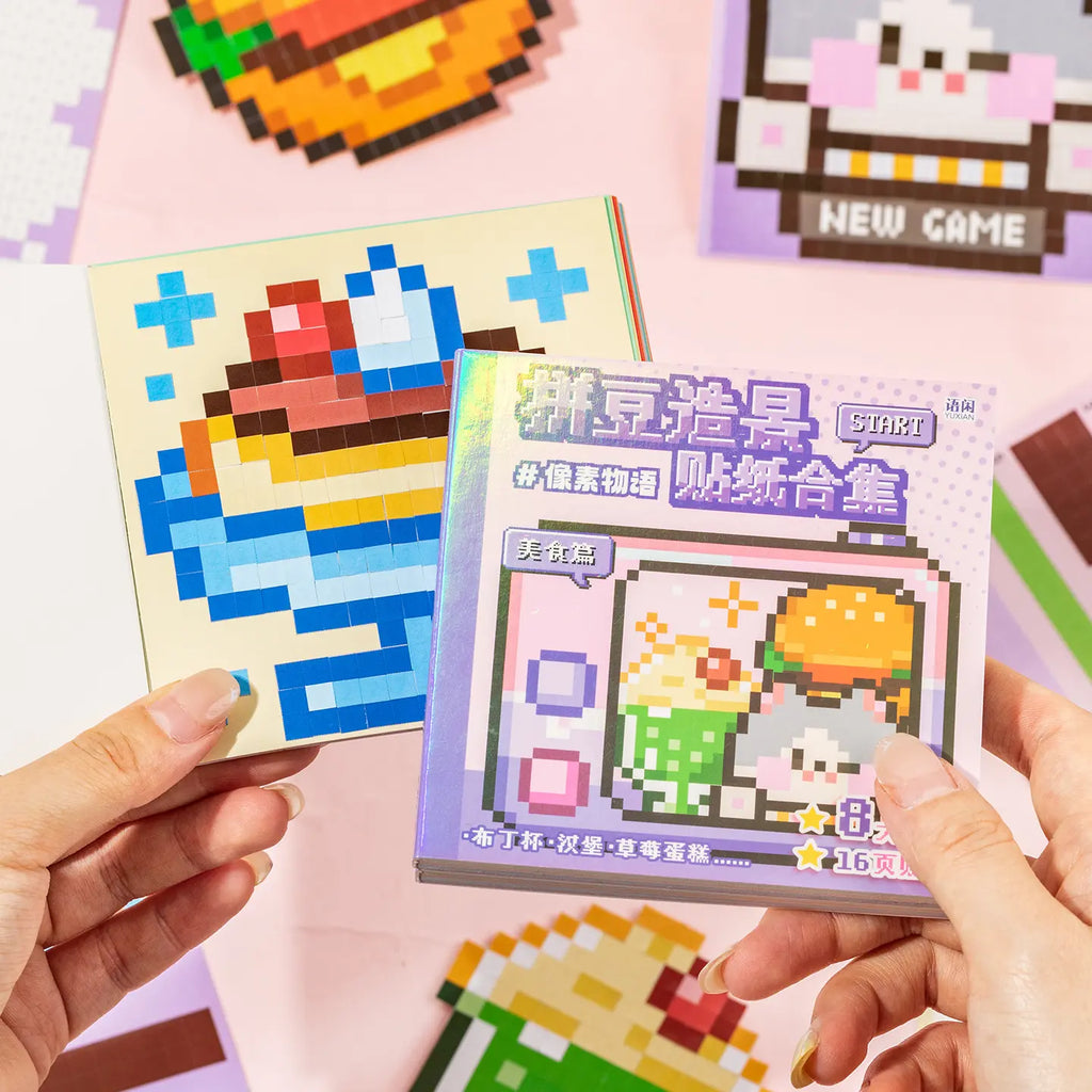 Gourmet Collection Pixel Mosaic Sticker Book held in hand with purple cover design