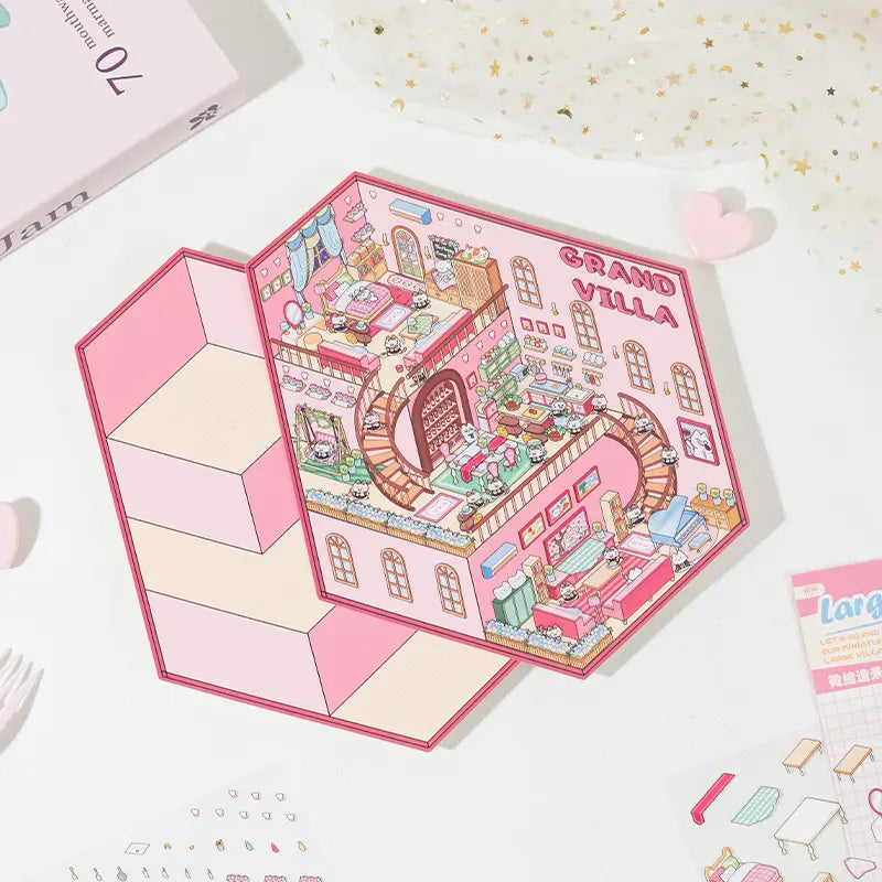 Grand Villa 3D Scene Sticker Kit with completed pink miniature villa scene