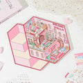Grand Villa 3D Scene Sticker Kit with completed pink miniature villa scene