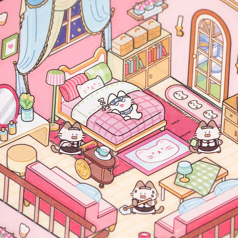Bedroom detail from Grand Villa 3D Scene Sticker Kit with bed, cat characters, and room decor