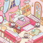 Bedroom detail from Grand Villa 3D Scene Sticker Kit with bed, cat characters, and room decor