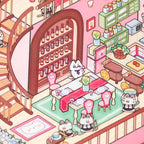Dining room detail from Grand Villa 3D Scene Sticker Kit with staircase, table, and cat characters