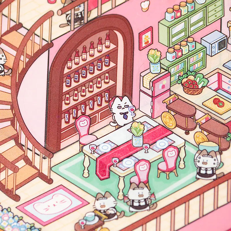 Dining room detail from Grand Villa 3D Scene Sticker Kit with staircase, table, and cat characters