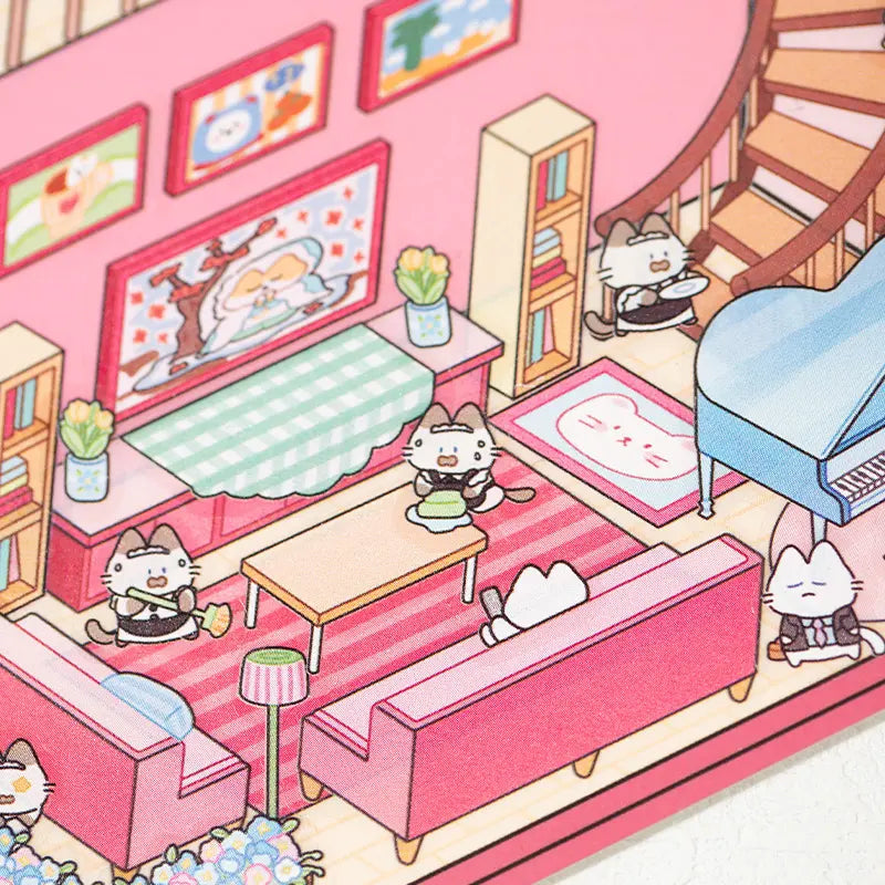 Living room detail from Grand Villa 3D Scene Sticker Kit with sofa, piano, wall art, and cat characters
