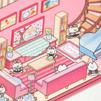 Living room detail from Grand Villa 3D Scene Sticker Kit with sofa, piano, wall art, and cat characters
