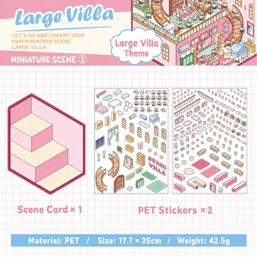 Grand Villa scene sticker kit contents with one scene card and two PET sticker sheets