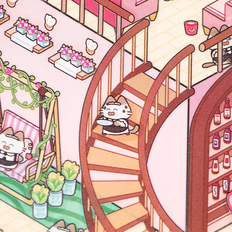 Staircase detail from Grand Villa miniature scene sticker kit with flowers and cat character