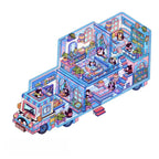 Finished green animal home 3D-look scene sticker with a cozy vehicle interior, shelves, and small decorative details