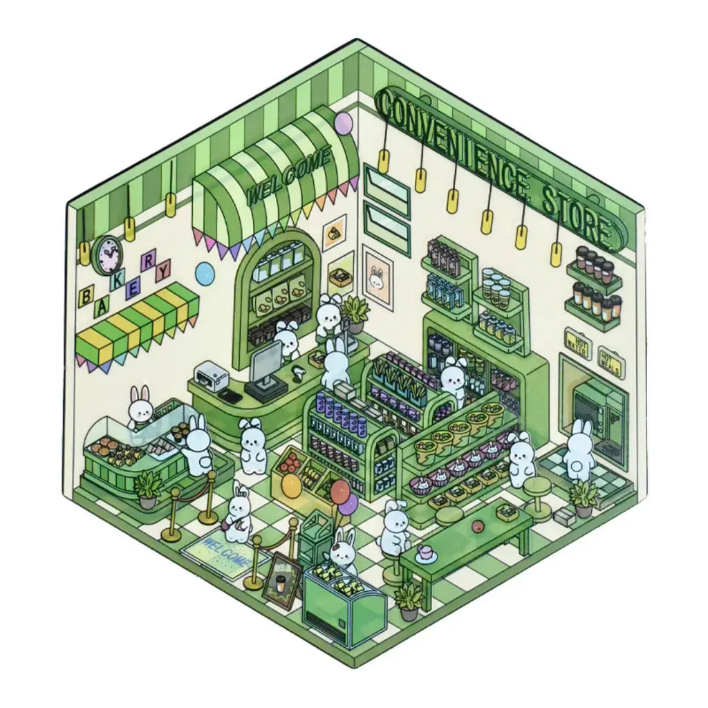 Green Convenience Store 3D scene sticker kit with shelves, counter, and rabbit characters