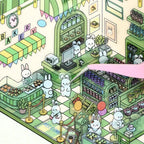 Close-up of Green Convenience Store scene sticker placement with rabbit character details