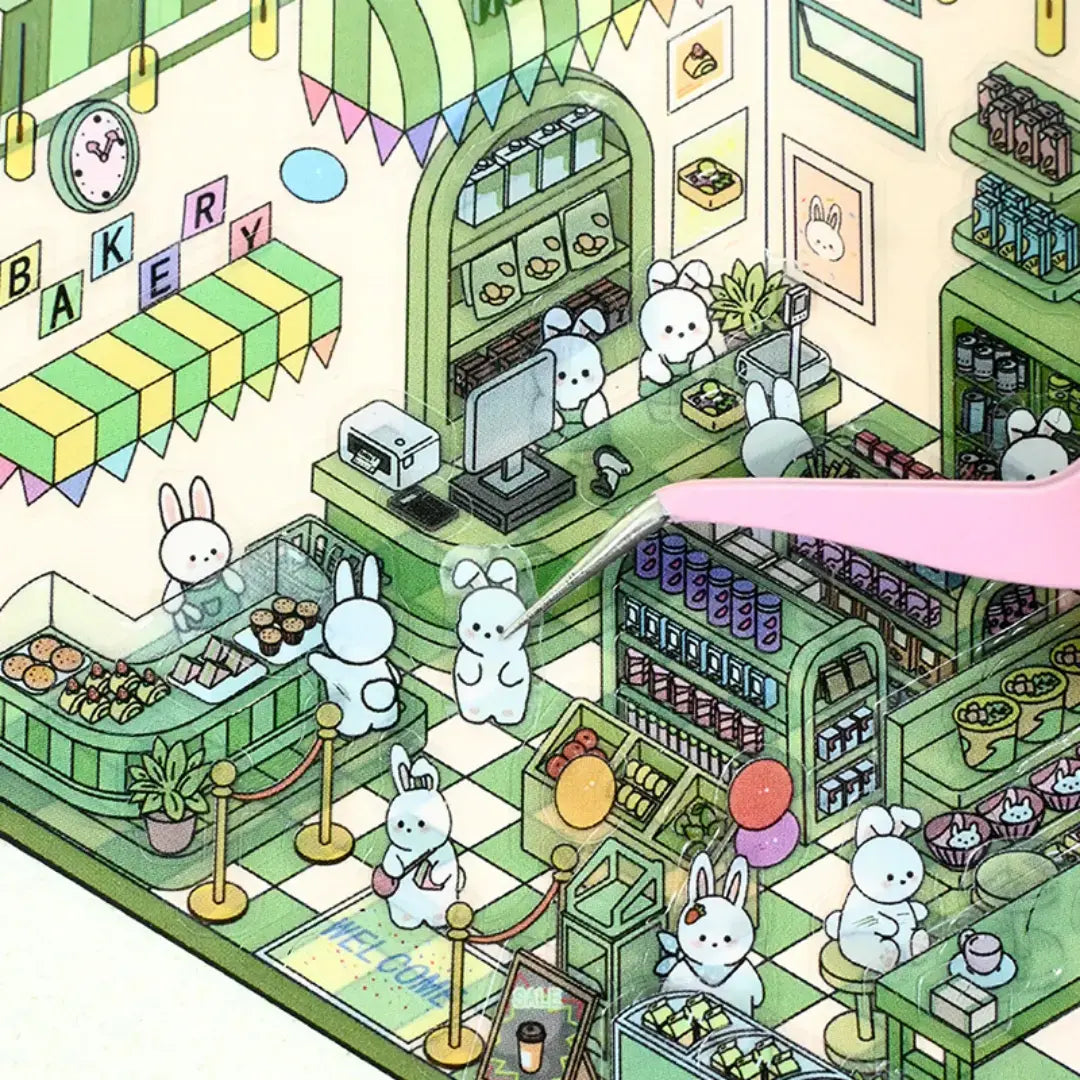 Close-up of Green Convenience Store scene sticker placement with rabbit character details