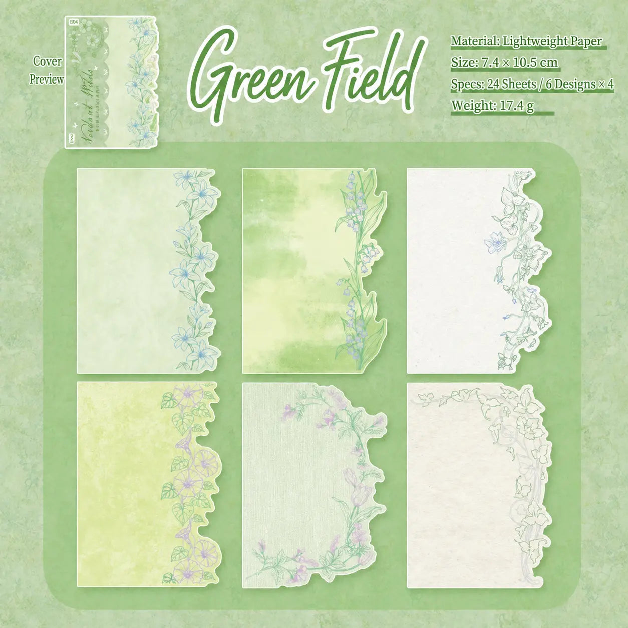 Green Field floral journaling sticker pack with soft green botanical border paper sheets