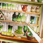 Close-up of green glassware, pitchers, books, fruit, and baskets arranged on a vintage shop shelf