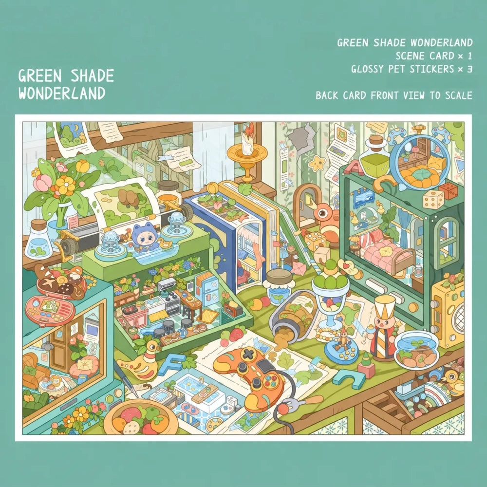 Green Shade Wonderland scene sticker kit with miniature greenery scene card and glossy PET stickers