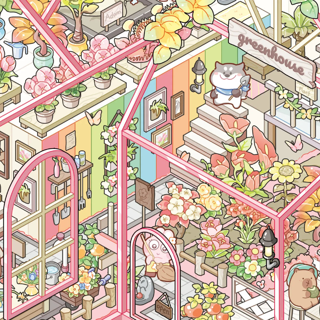 Close-up detail of the finished Greenhouse Diary glass house miniature sticker scene