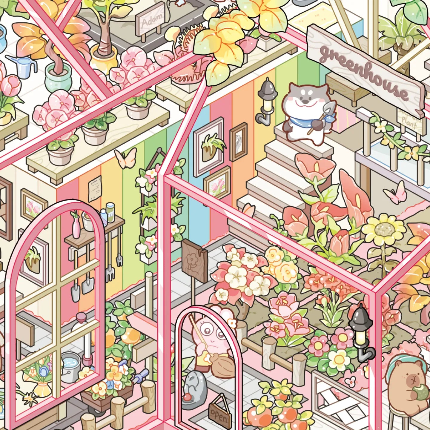 Close-up detail of the finished Greenhouse Diary glass house miniature sticker scene