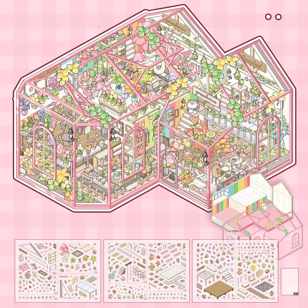 Contents of Greenhouse Diary Glass House Scene Sticker Kits with scene card, PVC glass house card, PET sticker sheets, guide, and helper card