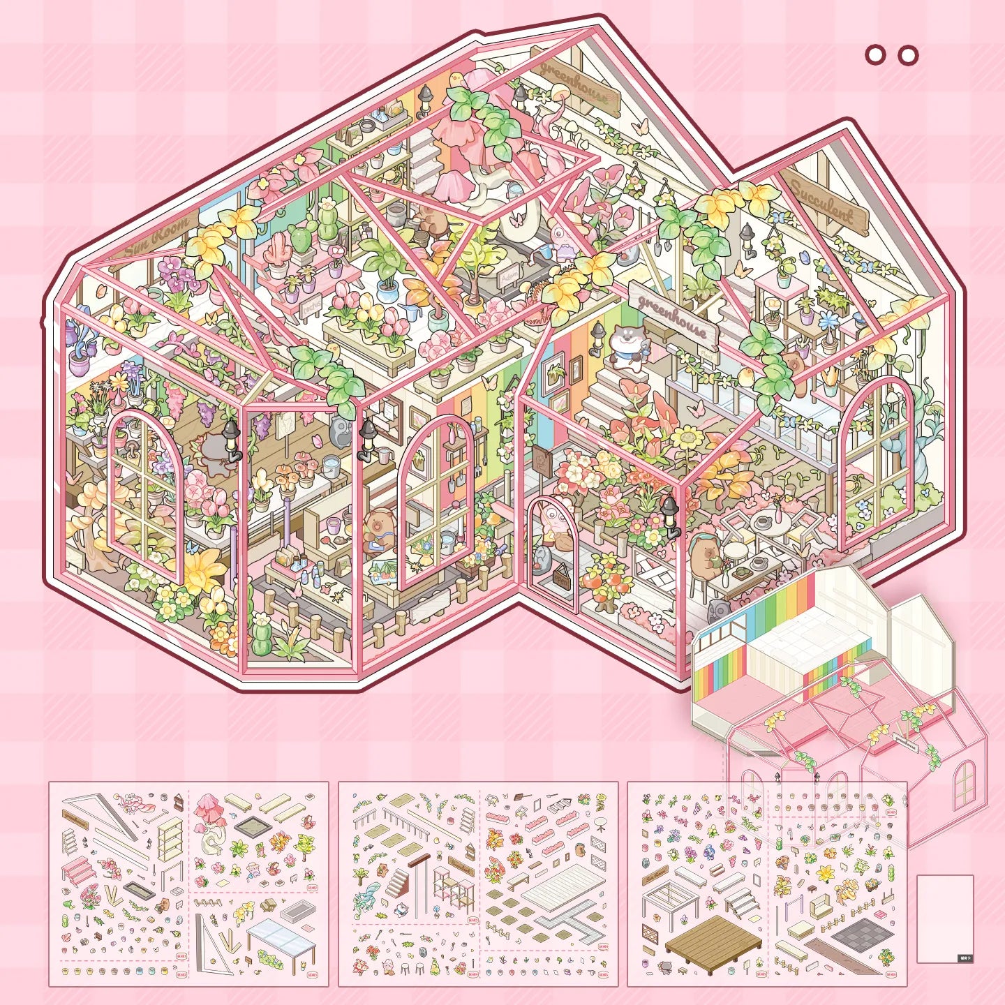 Contents of Greenhouse Diary Glass House Scene Sticker Kits with scene card, PVC glass house card, PET sticker sheets, guide, and helper card