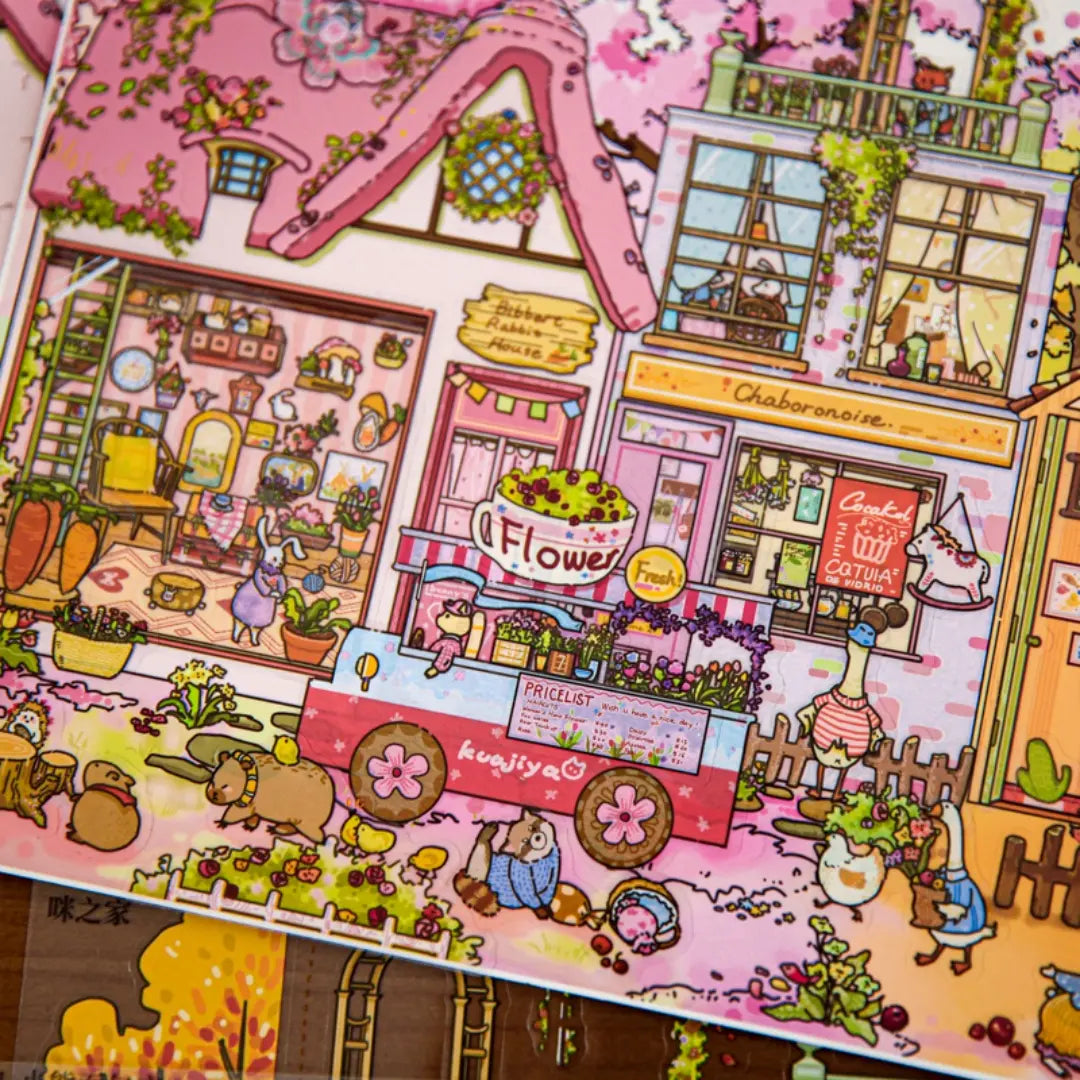 Close-up of the finished Gulu Town Seasonal Limited Edition miniature scene with flower cart, storefronts, and pastel houses