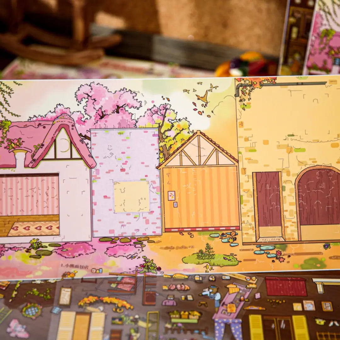 Gulu Town Seasonal Limited Edition blank scene backboard with pastel town building outlines