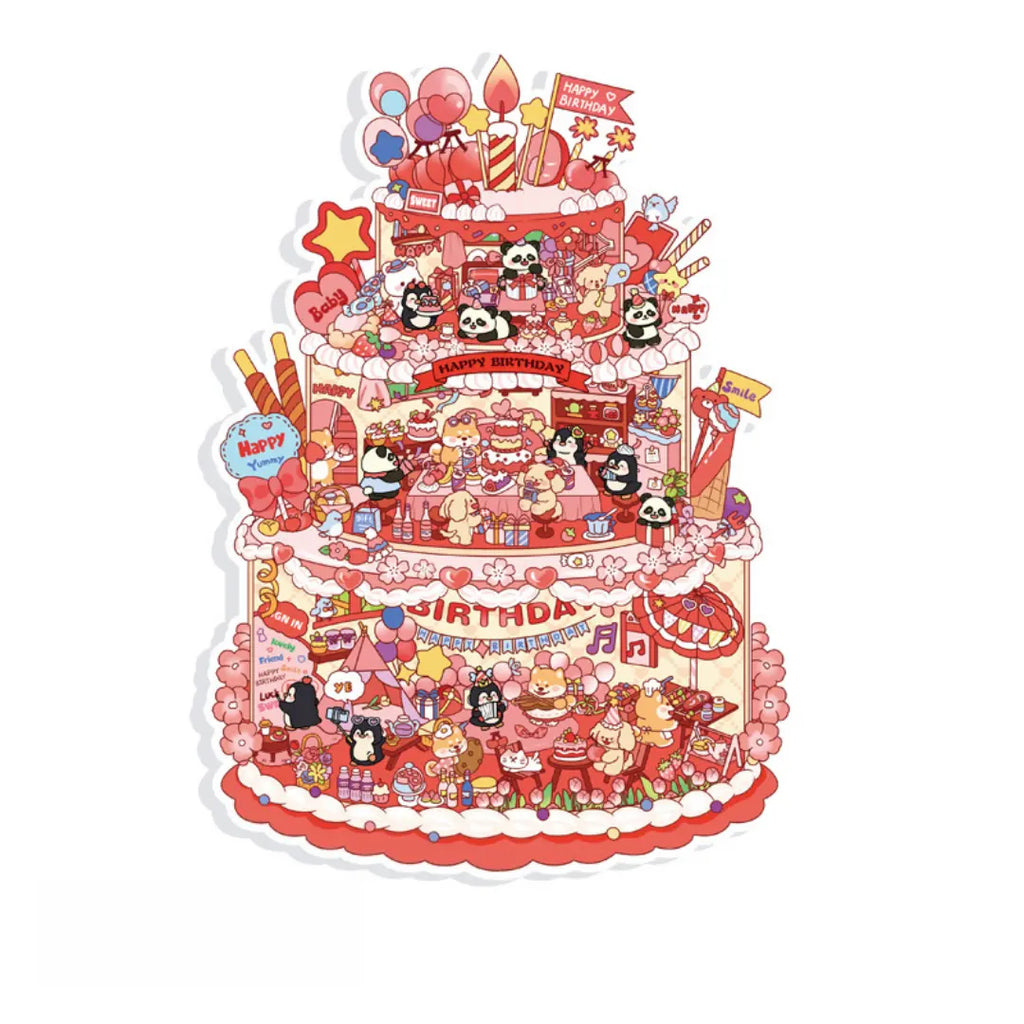 Finished Happy Birthday 3D-look sticker scene with cakes, balloons, gifts, music notes, and party decorations