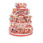 Finished Happy Birthday 3D-look sticker scene with cakes, balloons, gifts, music notes, and party decorations