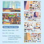 Happy Snack Crawl 3D scene sticker kit overview showing background card, PET sticker sheets, and occlusion reference card