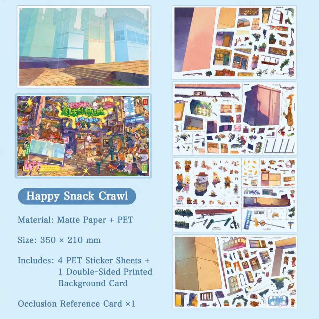 Happy Snack Crawl 3D scene sticker kit overview showing background card, PET sticker sheets, and occlusion reference card