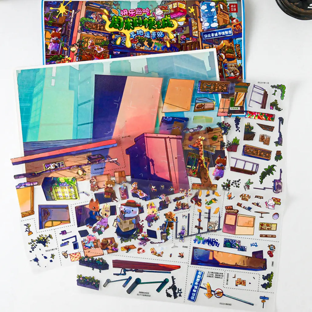 Happy Snack Crawl scene sticker kit contents with printed background card and colorful street sticker elements
