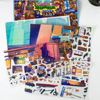 Happy Snack Crawl scene sticker kit contents with printed background card and colorful street sticker elements
