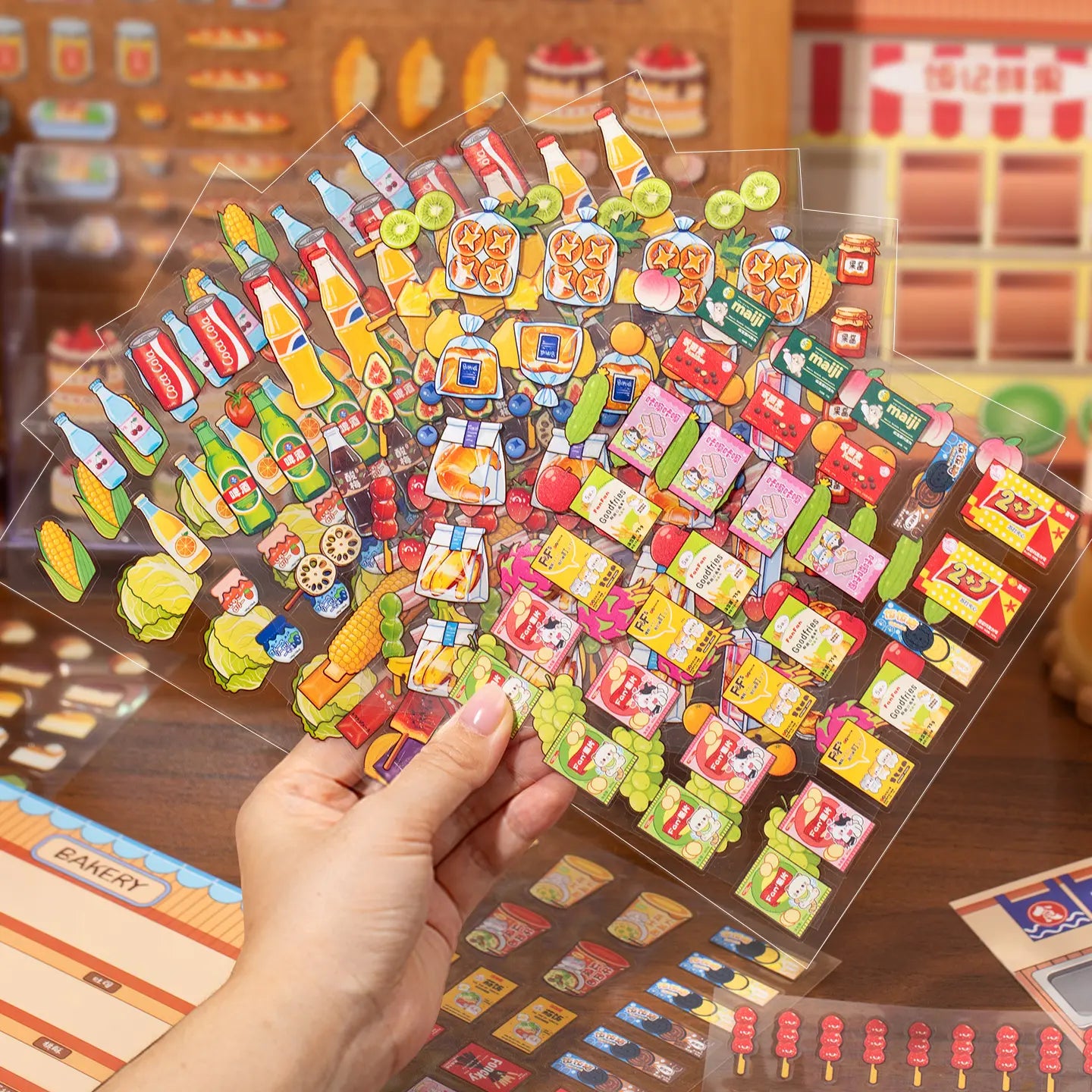 Die-cut PET sticker sheets with fruit, drinks, snacks, packaged food, and supermarket display pieces