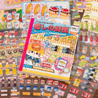 Healing Time sticker book displayed with food stickers, cakes, fruit, drinks, and dessert shop pieces